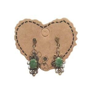 Vintage Oval Cut Green Marble Filigree Brass Dangle Drop Earrings Posts